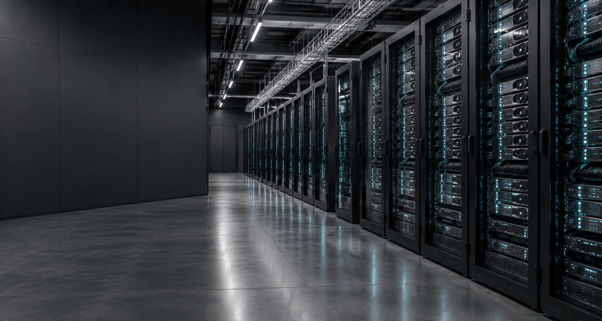 Illustrative AI data centre with rows of GPU server racks